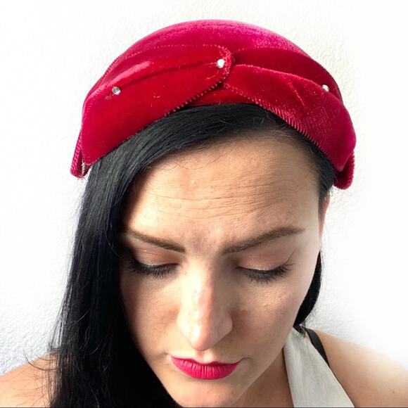Vintage Red Rhinestone Toque Turban Capulet Hat main image 5